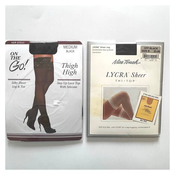 Thigh High Stockings Lot Of 2 Black Stay Up Silky Sheer Size B Medium - Picture 1 of 10